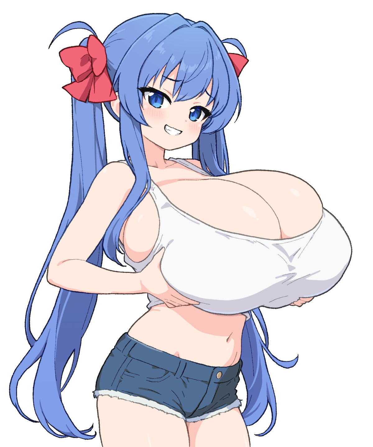 shirogane hakuba, original, highres, 1girl, blue eyes, blue hair, breasts, cleavage, denim, denim shorts, gigantic breasts, grabbing own breast, hair ribbon, long hair, looking at viewer, navel, red ribbon, ribbon, shorts, simple background, smile, solo, tank top, twintails, very long hair, white background, white tank top