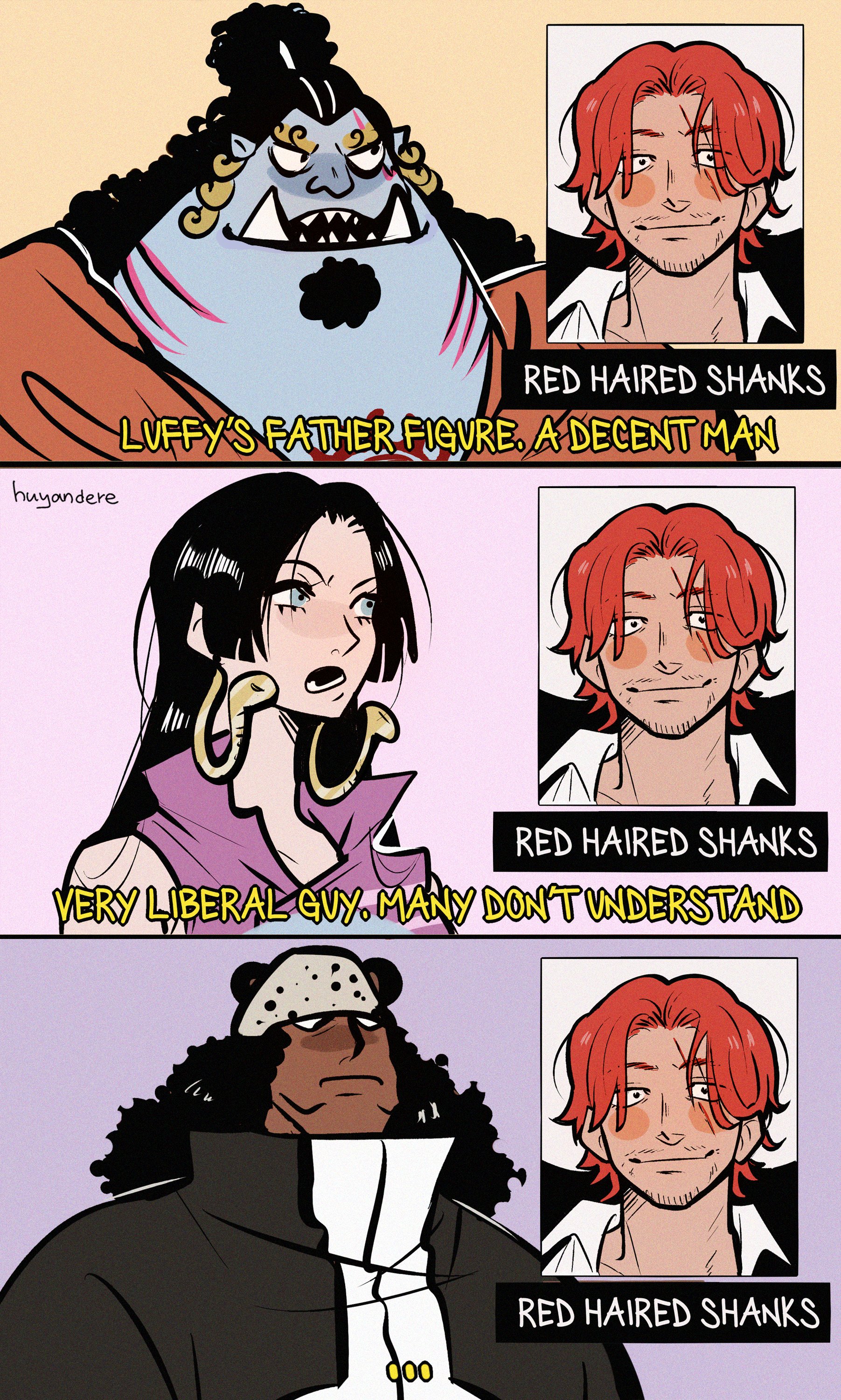 huyandere, bartholomew kuma, boa hancock, jinbe (one piece), shanks (one piece), one piece, absurdres, commentary, english commentary, highres, …, 1girl, 2boys, black hair, blue eyes, blue skin, blush, collared shirt, colored skin, curly hair, dress, earrings, english text, glasses, half updo, jewelry, long hair, multiple boys, purple dress, red hair, scar, scar across eye, scar on face, sharp teeth, shirt, short hair, snake earrings, straight hair, teeth, white shirt