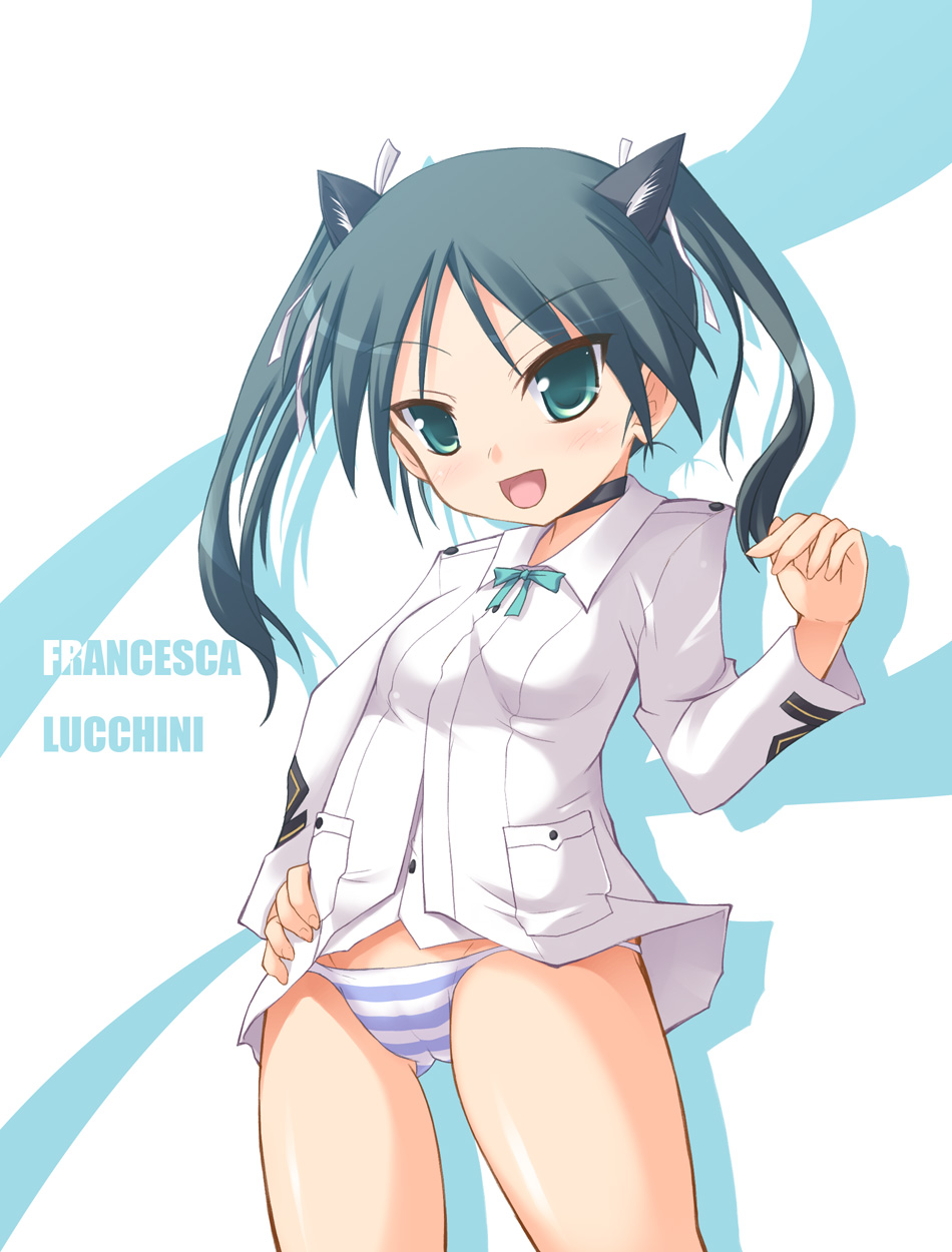 safi, francesca lucchini, strike witches, world witches series, highres, 00s, 1girl, animal ears, cat ears, female focus, green eyes, green hair, loli, lowleg, lowleg panties, matching hair/eyes, panties, solo, striped clothes, striped panties, twintails, underwear