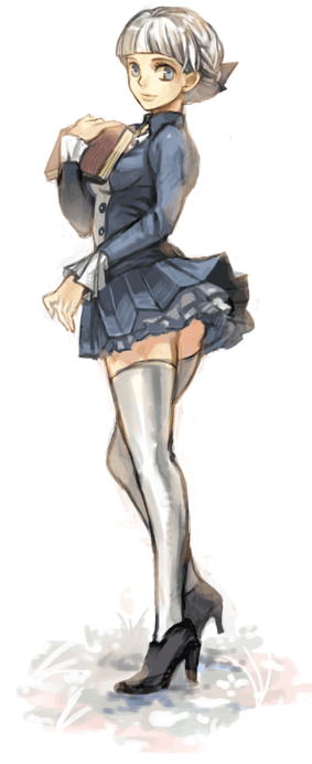 alice elliot, shadow hearts, artist request, 1girl, blue dress, blue eyes, blue ribbon, book, breasts, closed mouth, dress, facing viewer, female focus, full body, hair ornament, hair ribbon, hand up, happy, high heels, holding, holding book, long sleeves, looking at viewer, medium breasts, multicolored dress, ribbon, shoes, simple background, skirt, smile, solo, standing, thighhighs, white background, white dress, white hair, white thighhighs, zettai ryouiki