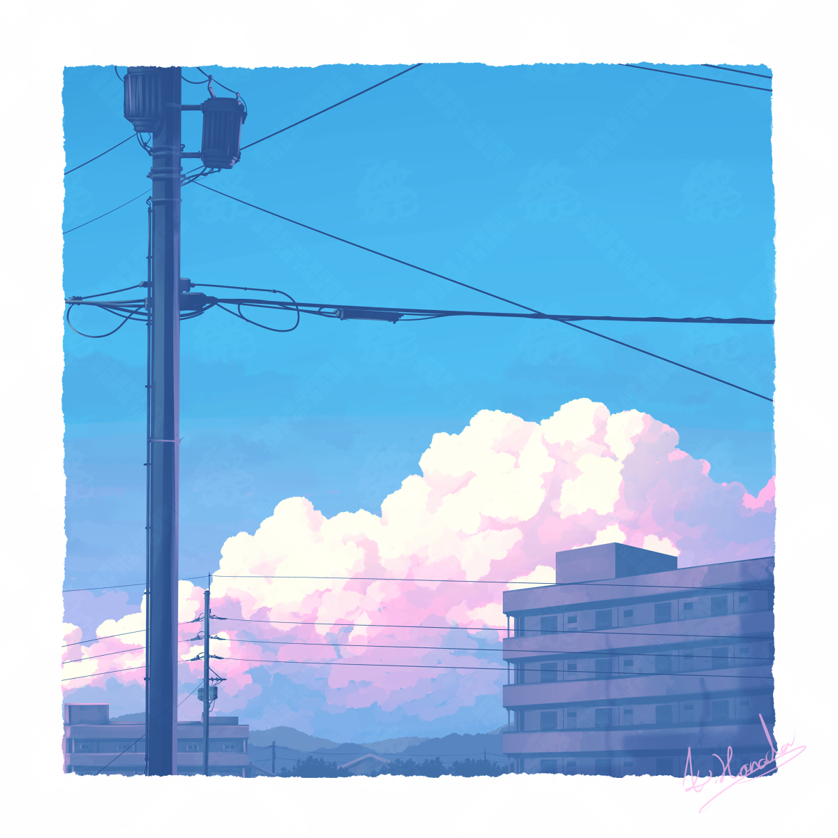 alu.m (alpcmas), original, commentary request, highres, blue sky, building, cloud, no humans, outdoors, power lines, scenery, signature, sky, utility pole