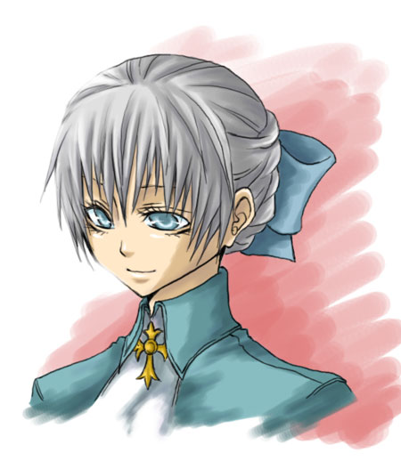 alice elliot, shadow hearts, silver hair, artist request, 1girl, blue bow, blue eyes, blue ribbon, bow, closed mouth, coat, female focus, hair bow, hair ornament, hair ribbon, happy, jacket, looking down, ribbon, short hair, smile, solo, upper body
