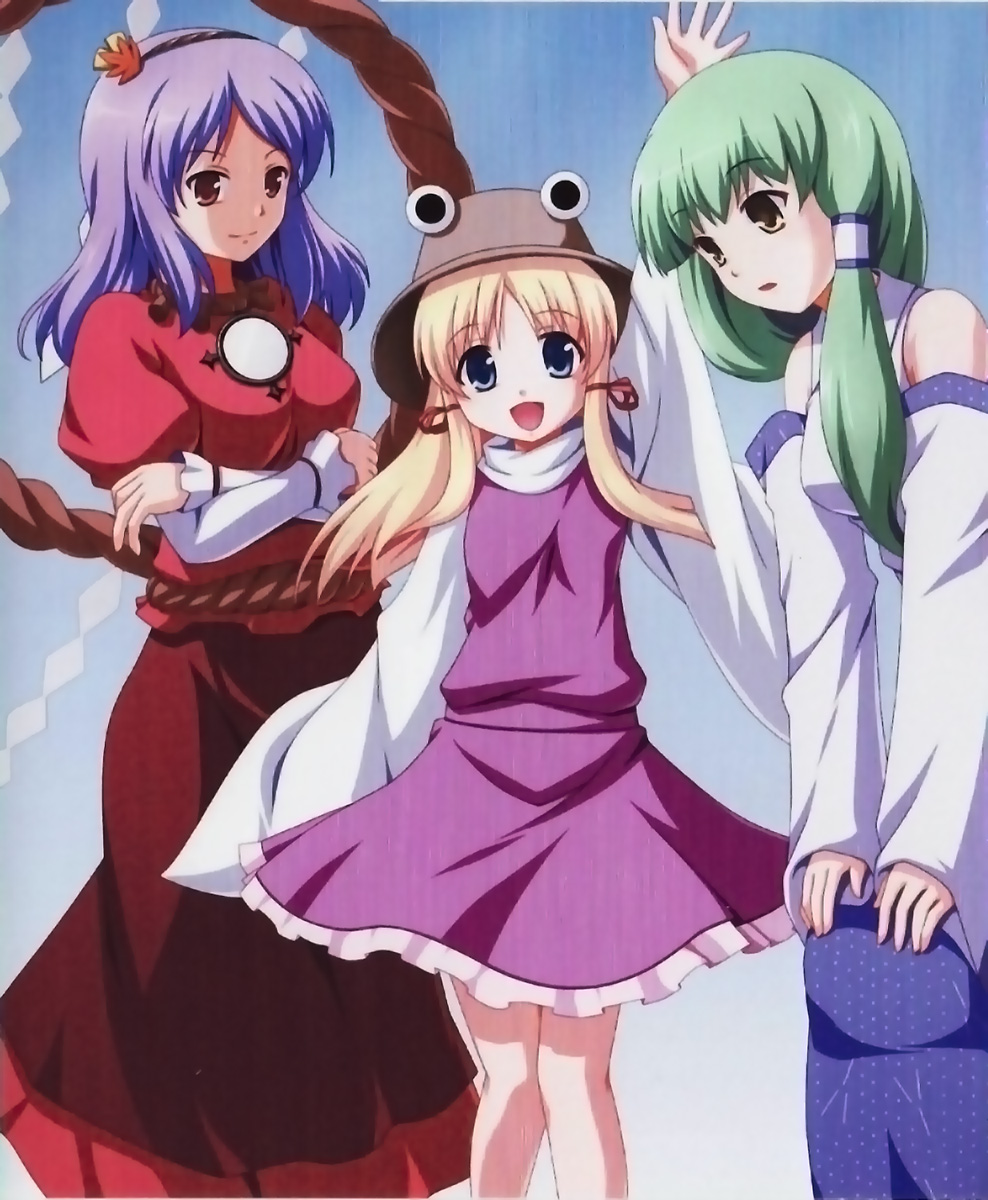 kochiya sanae, moriya suwako, yasaka kanako, touhou, highres, jpeg artifacts, non-web source, scan, scan artifacts, 3girls, female focus, hair ornament, hat, leaf hair ornament, multiple girls