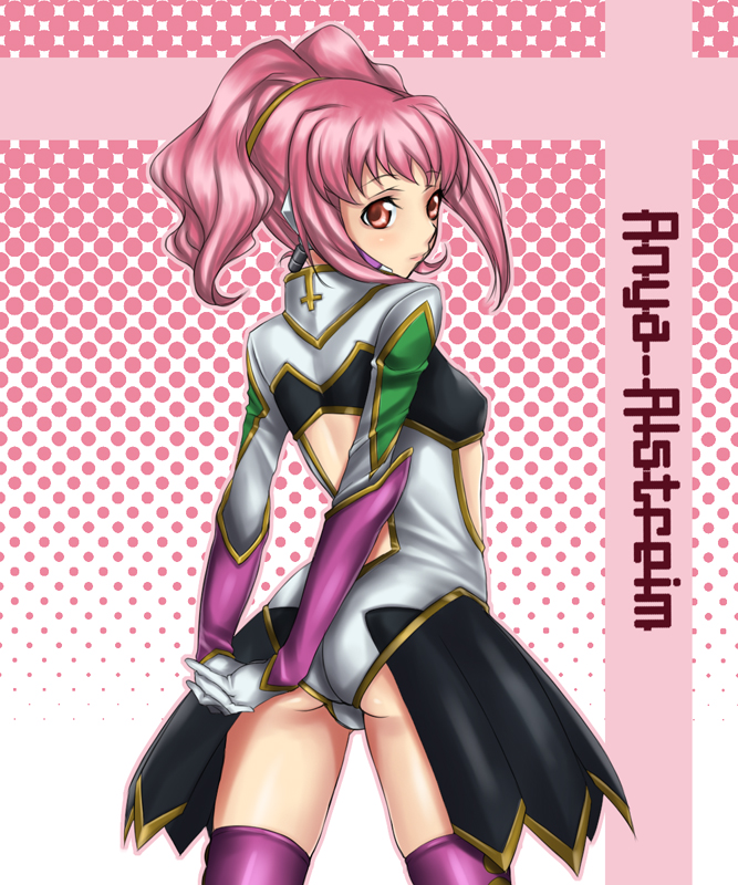 rokuichi, anya alstreim, code geass, 00s, back, gloves, looking back, pink eyes, pink hair, solo, thighhighs
