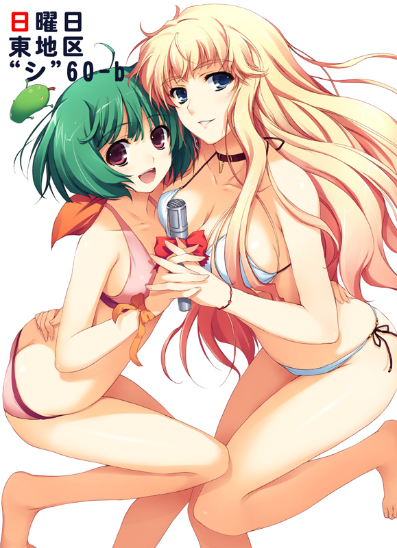 tomose shunsaku, ranka lee, sheryl nome, macross, macross frontier, 00s, ass, bikini, blonde hair, blue eyes, butt crack, choker, green hair, long hair, microphone, pink eyes, short hair, side-tie bikini bottom, swimsuit