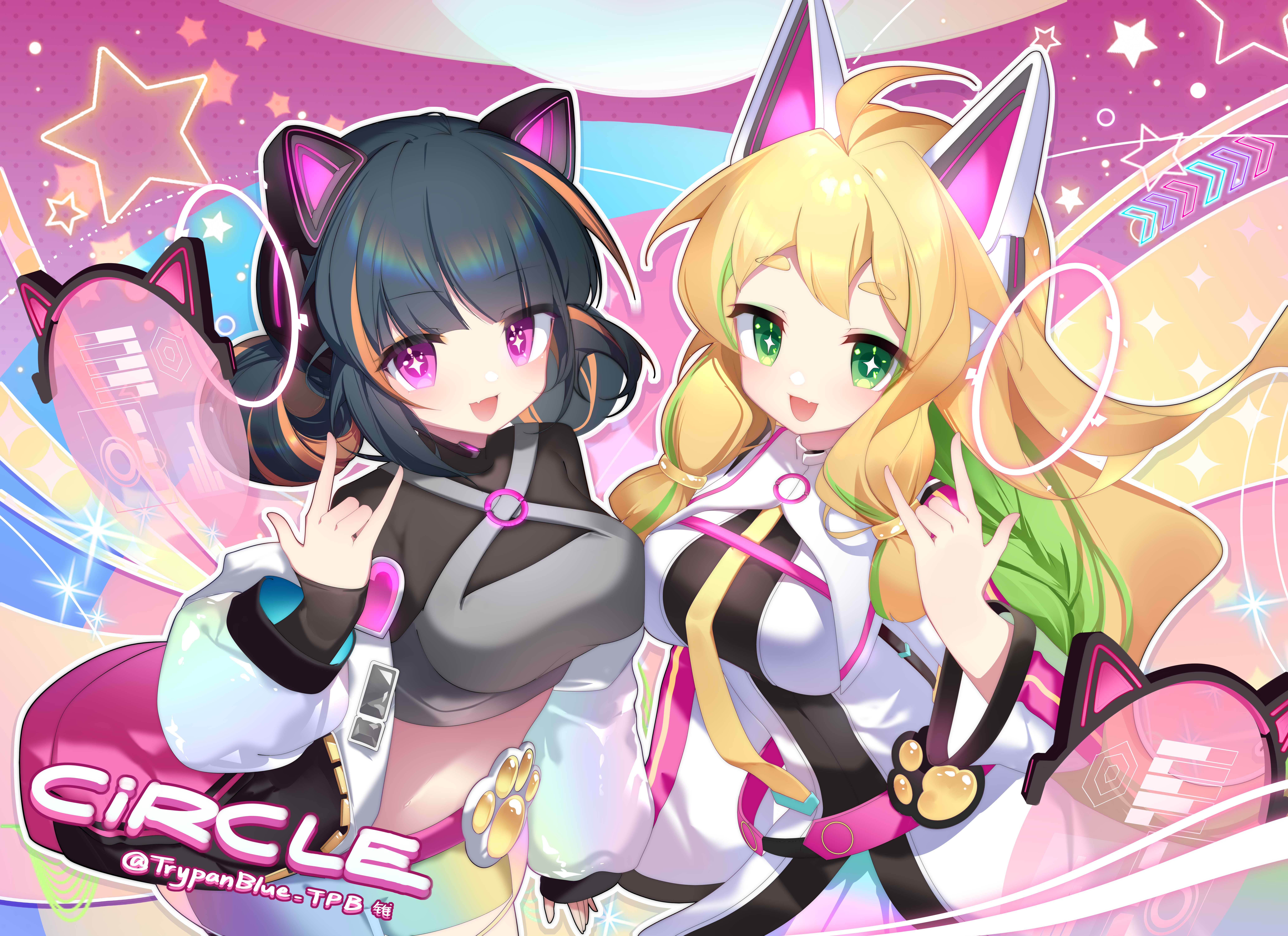 trypan blue, chiffon (maimai), shama (maimai), maimai (game), absurdres, highres, 2girls, animal ear headphones, animal ears, blonde hair, braid, breasts, cat ear headphones, cat ears, fake animal ears, fang, green eyes, headphones, large breasts, long hair, long sleeves, looking at viewer, medium breasts, midriff, multiple girls, open mouth, purple eyes, see-through clothes, smile, sparkle, star (symbol), twitter username