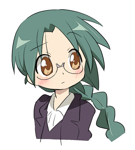 ixy, narumi yui, lucky star, lowres, 00s, 1girl, alternate hairstyle, blush, female focus, glasses, green hair, looking to the side, orange eyes, ponytail, raised eyebrow, simple background, solo, white background