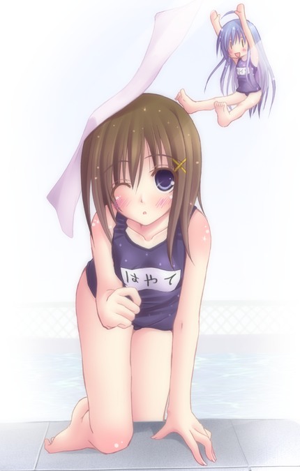 kago no tori, reinforce zwei, yagami hayate, lyrical nanoha, mahou shoujo lyrical nanoha, mahou shoujo lyrical nanoha a's, bad id, bad pixiv id, 00s, 2girls, bad anatomy, bad feet, barefoot, feet, hair ornament, mini person, minigirl, multiple girls, one-piece swimsuit, poorly drawn, school swimsuit, swimsuit, x hair ornament