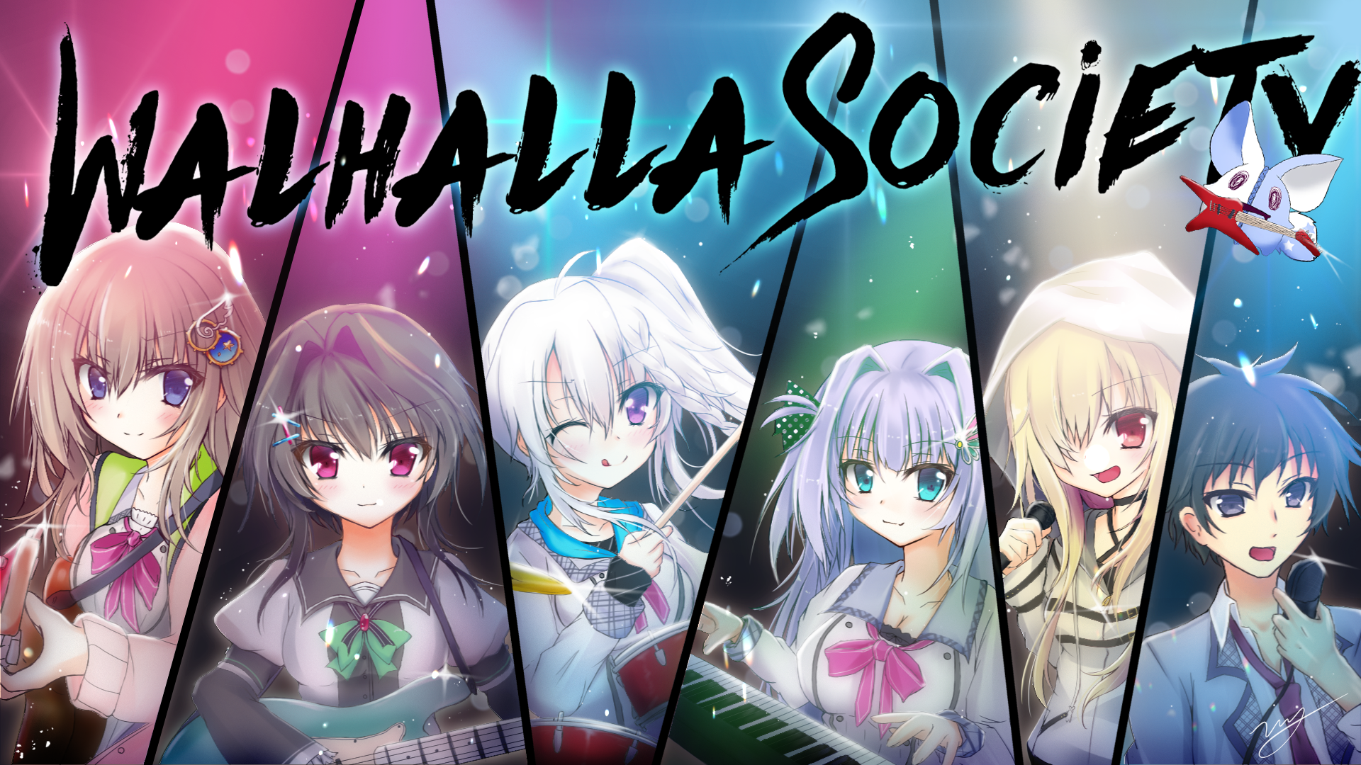 uuy (uuypro), ghost (9-nine-), kousaka haruka, kujou miyako, niimi kakeru, niimi sora, sophitia, yuuki noa, 9-nine-, commentary request, highres, >:), 1boy, 5girls, :d, ;q, ahoge, black hair, blonde hair, blue eyes, blush, bow, bowtie, braid, breasts, brother and sister, brown hair, butterfly hair ornament, cardigan, cleavage, closed mouth, collared shirt, concert, dress, drum, drumsticks, english text, everyone, eyes visible through hair, floating hair, frilled sleeves, frills, gear hair ornament, glint, green bow, green bowtie, grey hair, guitar, hair between eyes, hair intakes, hair ornament, hair over one eye, hairclip, hakusen academy school uniform, hand up, holding, holding drumsticks, holding guitar, holding instrument, holding microphone, hood, hood up, hoodie, instrument, juliet sleeves, keyboard (instrument), kuho girls academy school uniform, large breasts, long bangs, long hair, long sleeves, looking at viewer, microphone, multiple girls, music, necktie, one eye closed, one eye covered, open cardigan, open clothes, open mouth, pink bow, pink bowtie, pink cardigan, playing instrument, puffy sleeves, purple eyes, purple hair, red eyes, red necktie, school uniform, shirt, short hair, short hair with long locks, siblings, side ponytail, sidelocks, signature, single braid, sleeves past wrists, smile, smug, spiked hair, split mouth, star (symbol), star print, tongue, tongue out, two side up, upper body, v-shaped eyebrows, white dress, white hoodie, white shirt, wide sleeves, wing hair ornament