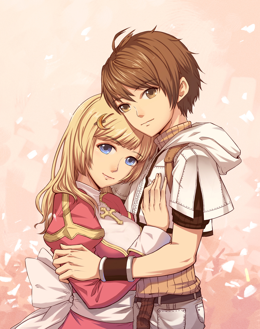 jun (goodgun7), high priest (ragnarok online), hunter (ragnarok online), ragnarok online, chinese commentary, commentary request, 1boy, 1girl, back bow, belt, blonde hair, blue eyes, bow, breasts, brown belt, brown eyes, brown hair, brown shirt, closed mouth, crescent, crescent hair ornament, cropped jacket, dress, hair ornament, hug, jacket, juliet sleeves, long hair, long sleeves, looking at viewer, medium breasts, pants, petals, pink background, pink dress, puffy sleeves, sash, shirt, short hair, short sleeves, smile, two-tone dress, upper body, white bow, white dress, white jacket, white pants, white sash