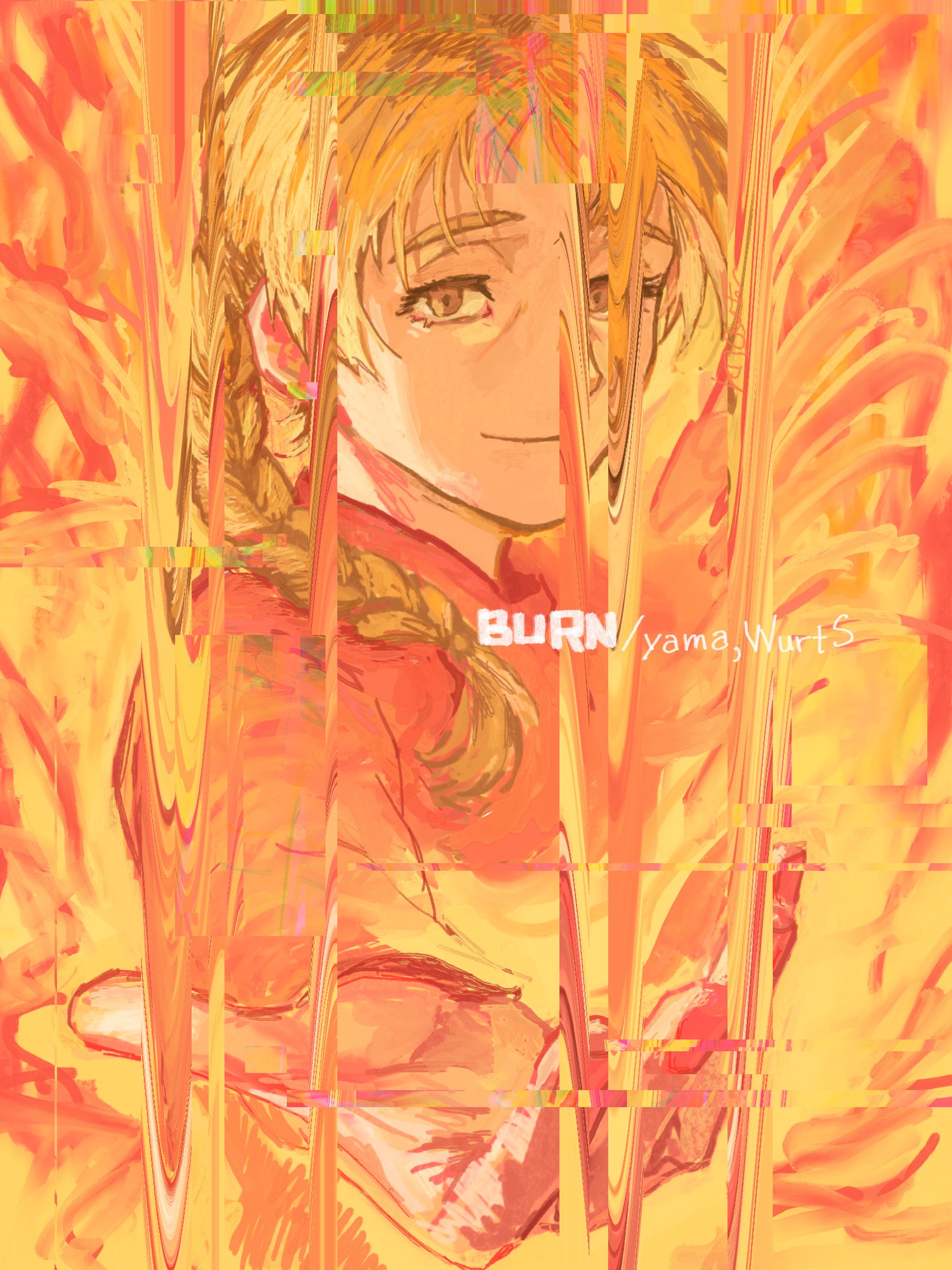 jolenta, chi.: chikyuu no undou ni tsuite, highres, 1 00794, 1girl, blonde hair, braid, brown eyes, closed mouth, distortion, english text, hair over shoulder, light smile, long hair, long sleeves, looking at viewer, outstretched hand, parted bangs, single braid, sketch, solo, upper body