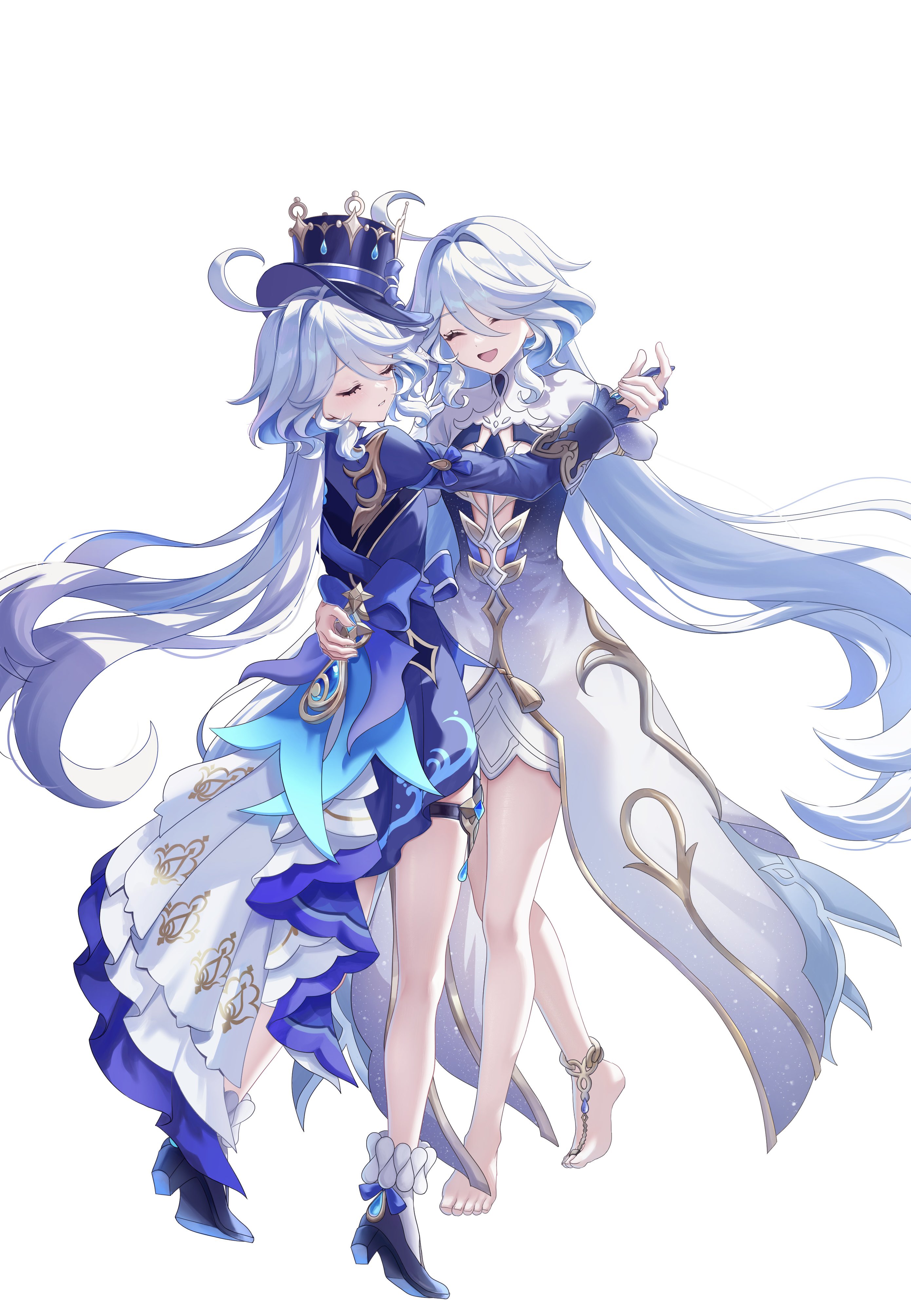 nk7ss, focalors (genshin impact), furina (genshin impact), genshin impact, absurdres, commentary request, highres, 2girls, ^ ^, ahoge, barefoot, blue dress, blue gemstone, blue hair, blue hat, blue jacket, blue shoes, closed eyes, closed mouth, dress, full body, gem, gradient clothes, gradient dress, hair between eyes, hand on another's back, hat, holding hands, jacket, long hair, long sleeves, multicolored hair, multiple girls, open mouth, shoes, simple background, teardrop-shaped gem, thigh strap, very long hair, white background, white dress, white hair