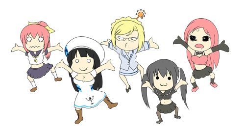 hana, kotatsu (kotatsu3), arin (pangya), cecilia, cecilia (pangya), hana (pangya), kooh (pangya), lucia, lucia (pangya), pangya, animated, animated gif, lowres, 5girls, :3, @ @, black hair, blonde hair, chibi, dancing, hair bun, long hair, multiple girls, pantyhose, parody, pink hair, ponytail, single hair bun, smile, twintails