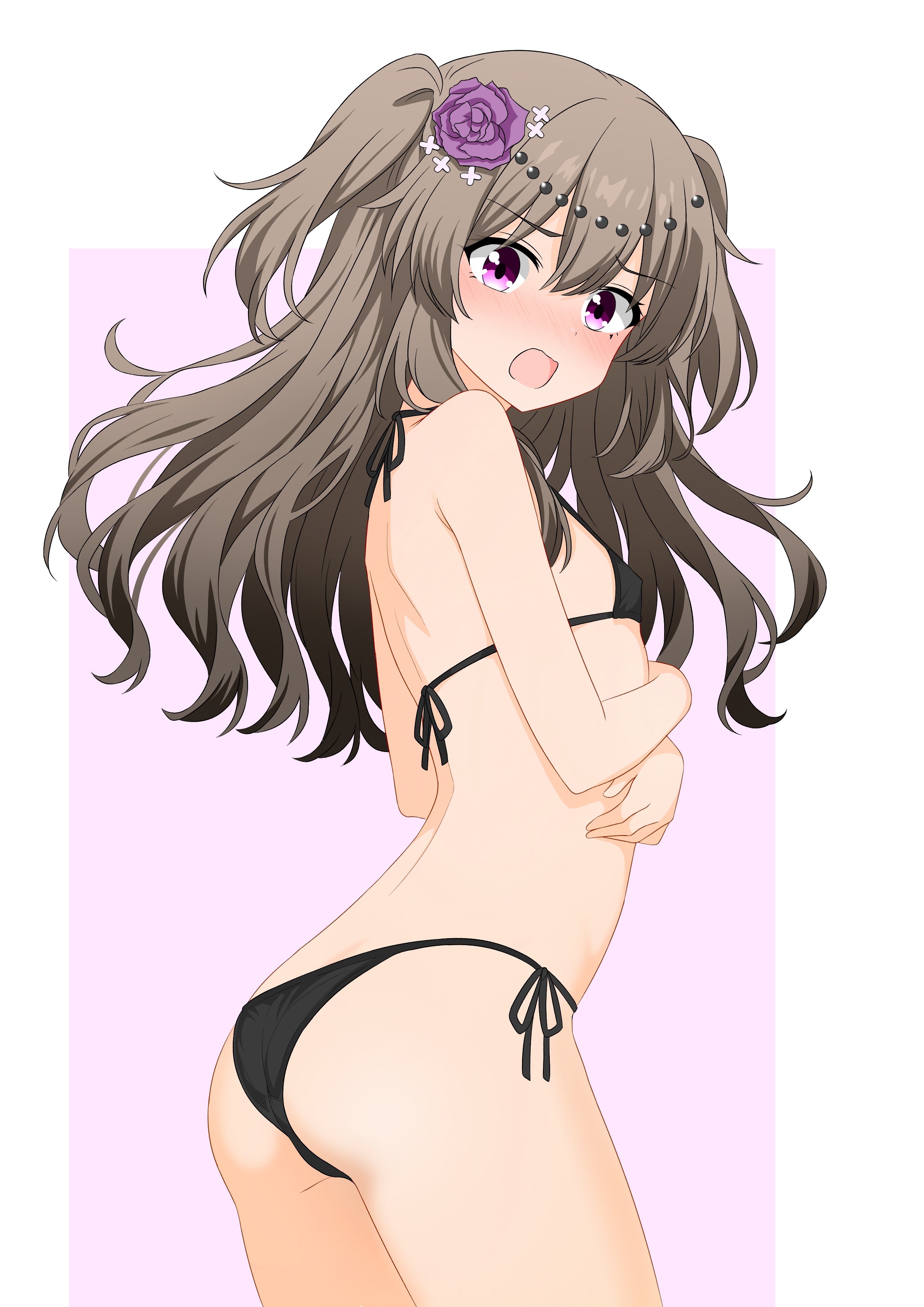 k suke2nd, meimei himari, voicevox, absurdres, highres, 1girl, ass, bikini, black bikini, blush, breasts, brown hair, cowboy shot, crossed arms, flower, hair between eyes, hair flower, hair ornament, long hair, looking at viewer, looking back, nose blush, open mouth, purple eyes, purple flower, small breasts, solo, striped background, swimsuit