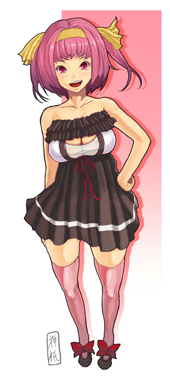 original, 1girl, black dress, breasts, cleavage, cleavage cutout, clothing cutout, collarbone, dress, female focus, full body, hands on own hips, large breasts, looking at viewer, pink hair, pink thighhighs, red eyes, short hair, solo, standing, thighhighs, zettai ryouiki