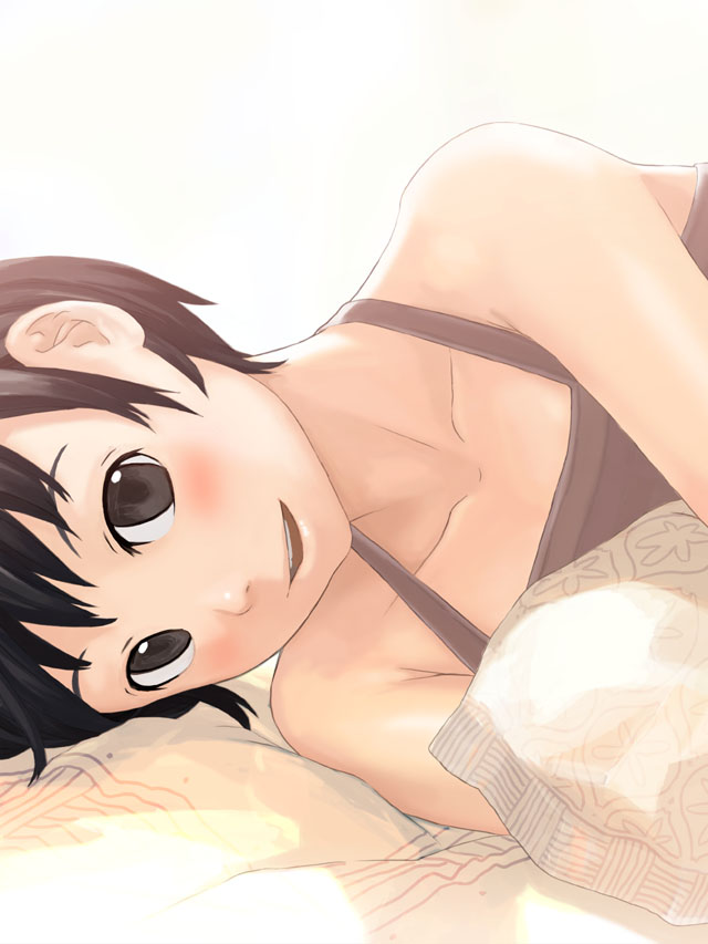 teikoku shounen, original, 1girl, :d, bare shoulders, blush, breasts, brown eyes, brown hair, camisole, collarbone, female focus, looking at viewer, lying, on side, open mouth, pillow, short hair, simple background, smile, solo, white background