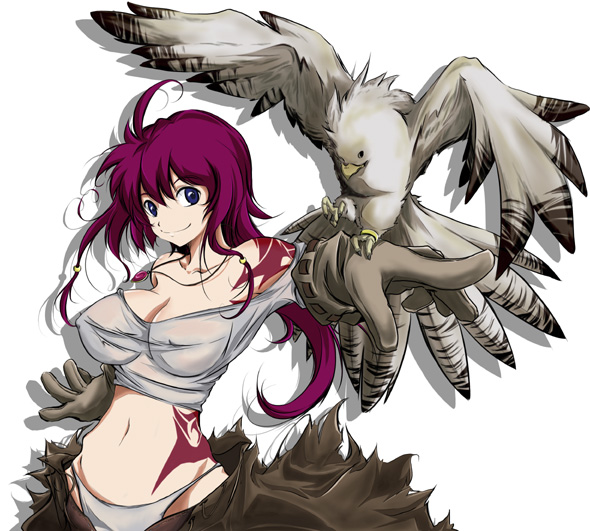 hanafusa itsuki, original, 1girl, bird, breasts, covered erect nipples, female focus, hawk, large breasts, midriff, solo