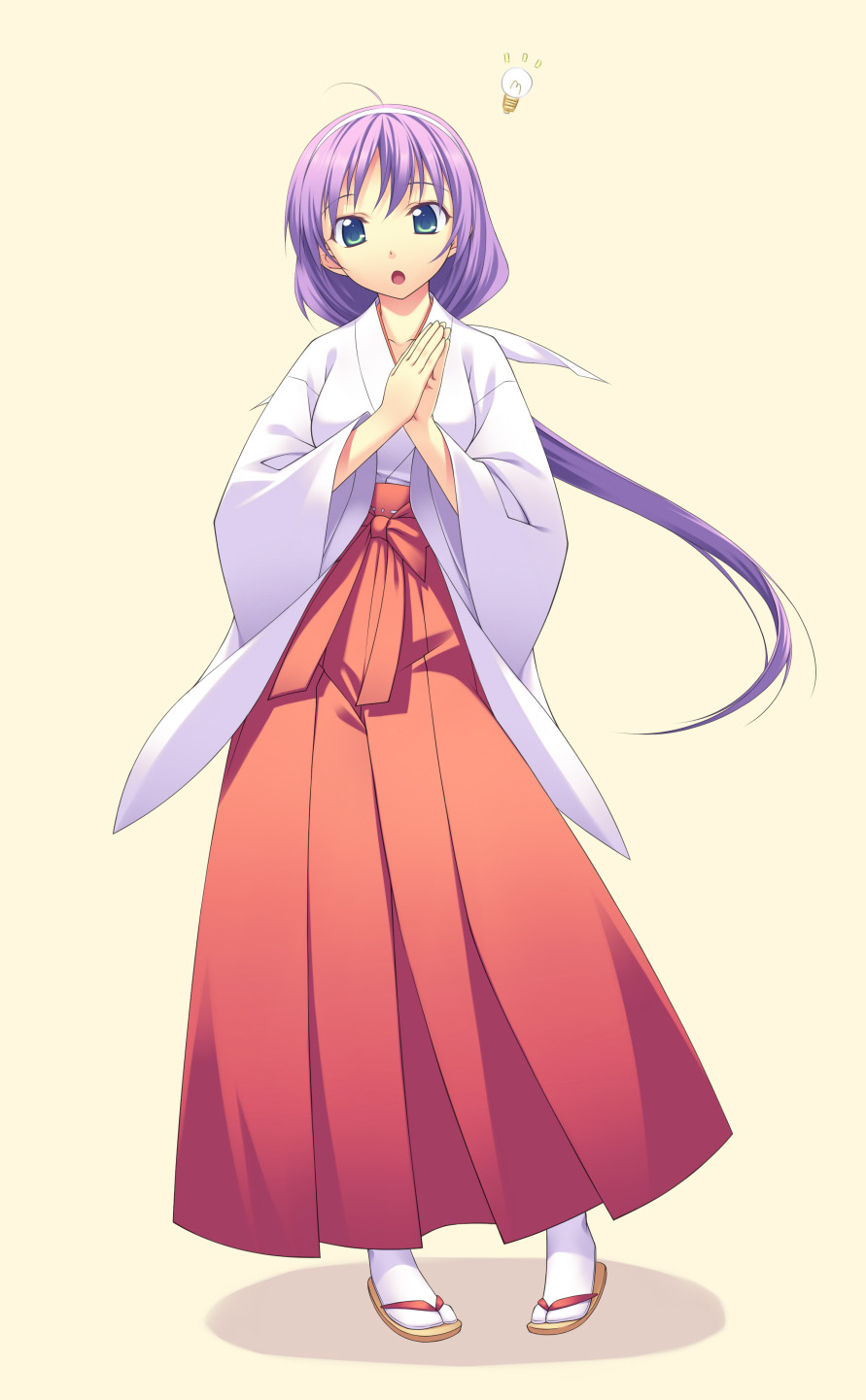 miyatsuki itsuka, original, highres, 1girl, female focus, green eyes, hakama, hakama skirt, japanese clothes, light bulb, miko, open mouth, purple hair, red hakama, simple background, skirt, solo, tabi