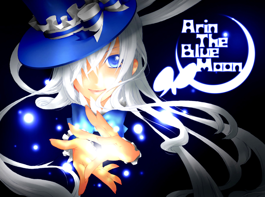 arin (pangya), pangya, blue eyes, hair over one eye, hat, long hair, magic, ribbon, smile, solo, white hair, witch