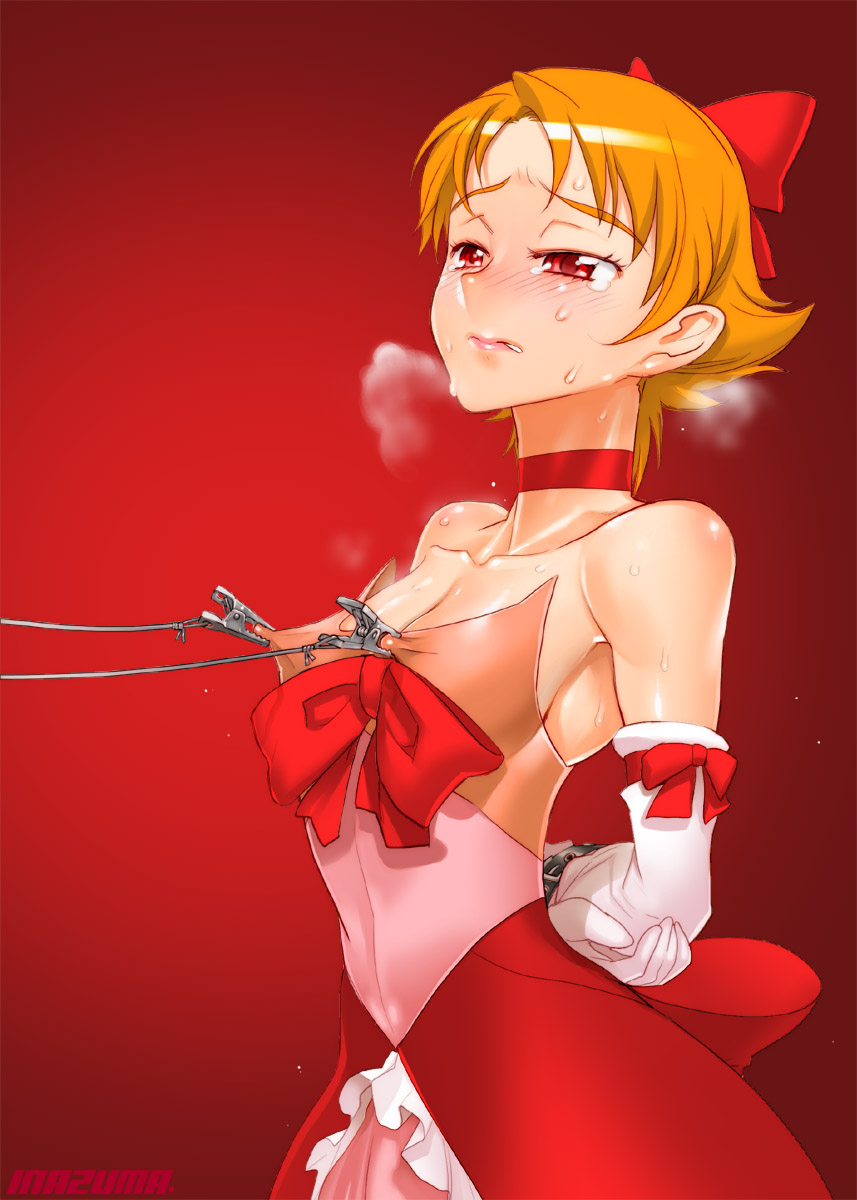 satou shouji, cure rouge, natsuki rin, precure, yes! precure 5, highres, 00s, 1girl, arm ribbon, arms behind back, artist name, bare shoulders, bdsm, blush, body blush, bondage, bound, bound wrists, bow, breasts, brown hair, choker, clenched teeth, collar, covered erect nipples, cowboy shot, crossed arms, crying, cuffs, dress, elbow gloves, female focus, frills, gloves, gradient background, hair bow, holding own arm, lipstick, makeup, nipple clamps, nipple pull, nipple stimulation, nipple torture, nipples, orange hair, pain, parted bangs, parted lips, profile, red background, red eyes, red theme, restrained, ribbon, short hair, slave, small breasts, solo, steam, strapless, strapless dress, sweat, tears, teeth, torment, torture, wince