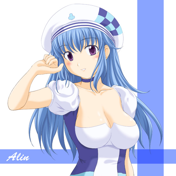 arin (pangya), pangya, 1girl, blue eyes, blue hair, breasts, cleavage, dress, female focus, hat, large breasts, long hair, matching hair/eyes, smile, solo