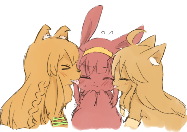 niboshi (1846525664), kousaka umi, tanaka kotoha, tokoro megumi, idolmaster, idolmaster million live!, > <, ahoge, animal, animal ear fluff, animal focus, animalization, braid, brown cat, brown dog, cat, closed eyes, dog, hairband, licking, long hair, no humans, rabbit, simple background, white background, yellow hairband
