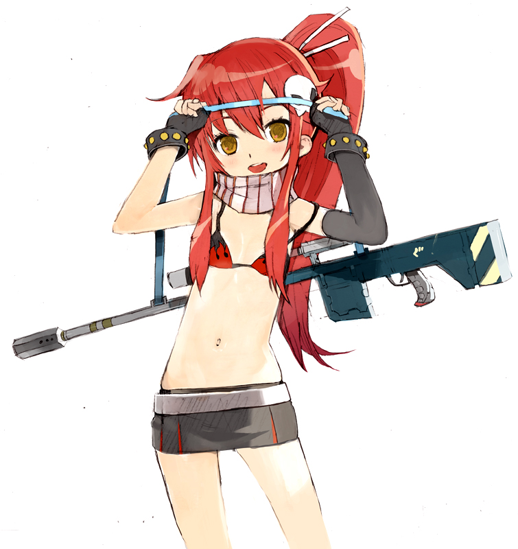 okama, yoko littner, tengen toppa gurren lagann, 00s, 1girl, aged down, bikini, bikini top only, female focus, flat chest, gun, long hair, midriff, navel, petite, red hair, rifle, solo, swimsuit, weapon