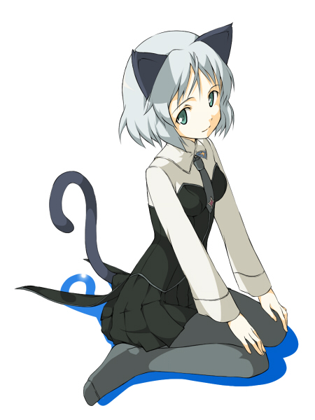 hamao, sanya v. litvyak, strike witches, world witches series, 00s, 1girl, animal ears, aqua eyes, black pantyhose, cat ears, cat tail, female focus, green eyes, grey hair, hands on own knees, light smile, looking at viewer, necktie, pantyhose, simple background, sitting, solo, tail, wariza