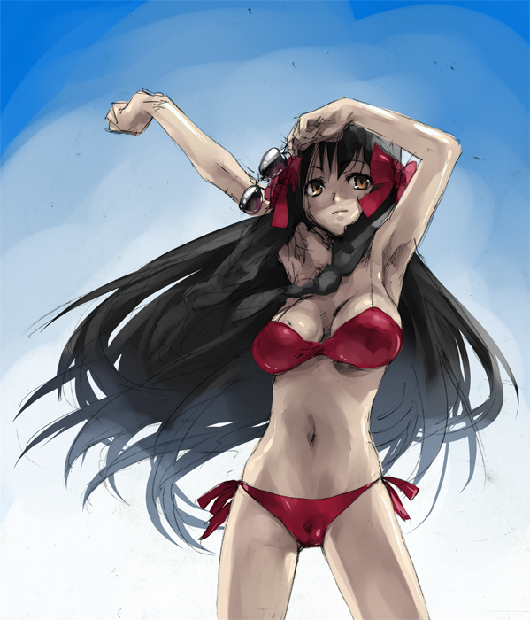 ikuhana niiro, minamoto chikaru, strawberry panic!, bad id, bad pixiv id, 00s, armpits, bikini, black hair, breasts, hair ribbon, large breasts, long hair, orange eyes, red bikini, ribbon, side-tie bikini bottom, solo, sunglasses, swimsuit