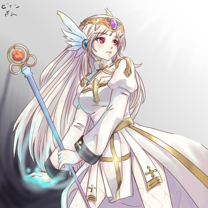 bingsang, arch bishop (ragnarok online), ragnarok online, commentary request, 1girl, alternate color, blush, breasts, circlet, cleavage, cleavage cutout, clothing cutout, cowboy shot, cross, dress, feathered wings, fishnet thighhighs, fishnets, gem, grey background, head wings, holding, holding staff, juliet sleeves, long hair, long sleeves, looking afar, medium breasts, puffy sleeves, purple gemstone, red eyes, sash, solo, staff, thighhighs, white dress, white thighhighs, white wings, wings, yellow sash