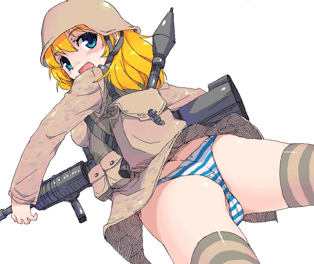 atsumuchi, hisakawa chin, paul jackson, call of duty, call of duty 4, duplicate, 1girl, female focus, genderswap, genderswap (mtf), gun, military, military uniform, panties, rifle, rocket launcher, rpg, rpg-7, rpg (weapon), simple background, sketch, solo, striped clothes, striped panties, striped thighhighs, thighhighs, underwear, weapon, white background