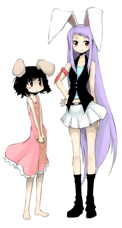 oso (toolate), inaba tewi, reisen udongein inaba, touhou, 2girls, animal ears, barefoot, casual, female focus, long hair, multiple girls, rabbit ears, very long hair