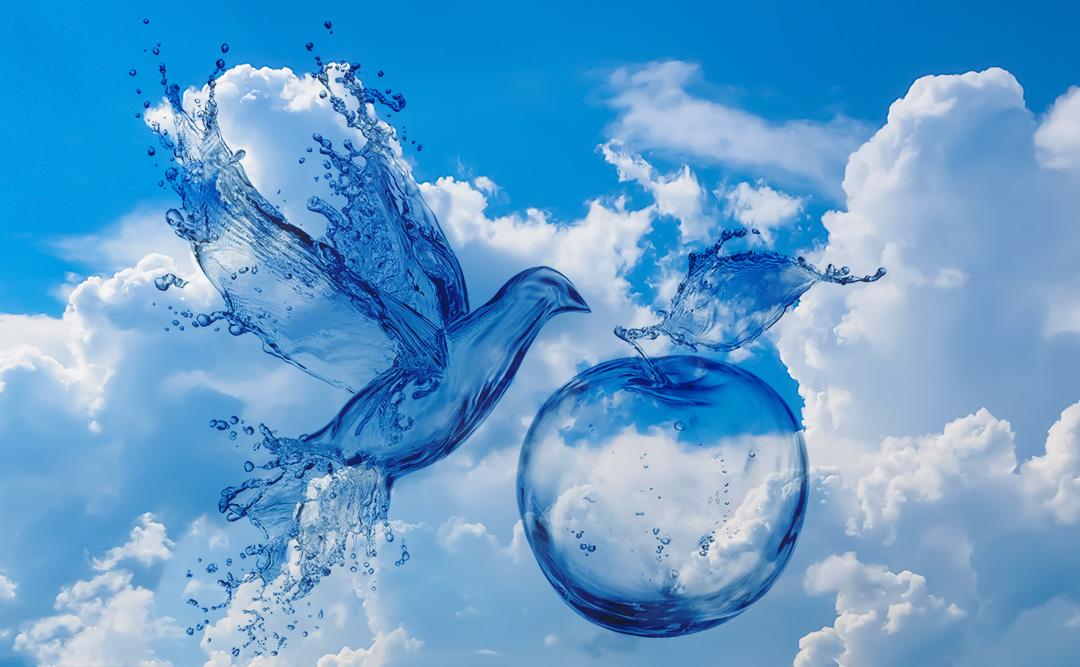 hoshiumisora, original, commentary request, apple, bird, blue sky, cloud, cloudy sky, day, food, fruit, no humans, outdoors, photorealistic, realistic, scenery, sky, water, water drop