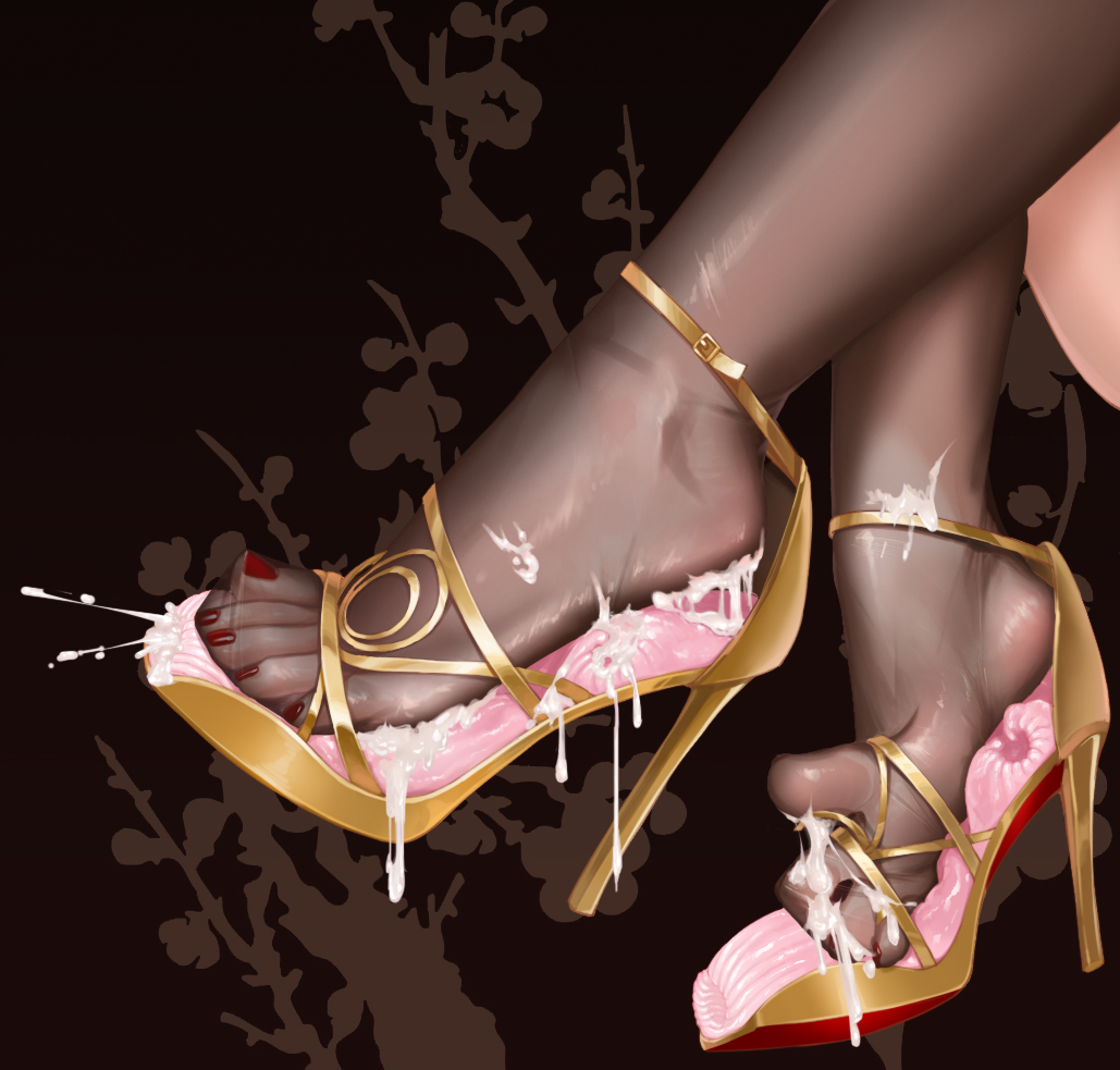 liang mu, gold footwear, pink footwear, two-tone footwear, yellow footwear, highres, 1girl, black background, close-up, cum, cum on body, cum on clothes, cum on feet, cum on legs, feet, fine fabric emphasis, foot focus, high heels, legs, nail polish, out of frame, pantyhose, red nails, sandals, see-through clothes, see-through legwear, shoe dangle, shoes, soles, solo, stiletto heels, strappy heels, toenail polish, toenails, toes