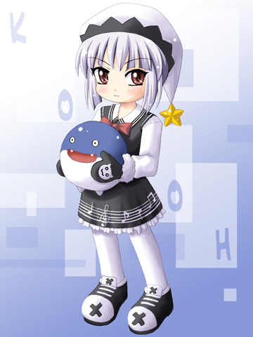 dolfini (pangya), kooh (pangya), pangya, bad id, bad pixiv id, lowres, :3, chibi, dress, gloves, hat, music, pantyhose, red eyes, socks, solo, star (symbol), white hair