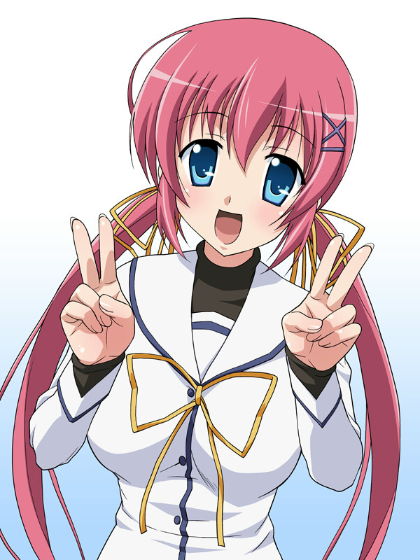 okamura hijiki, shirakawa nanaka, da capo, da capo ii, bad id, bad pixiv id, 00s, blue eyes, double v, long hair, pink hair, school uniform, serafuku, solo, twintails, v
