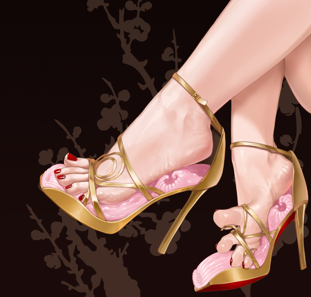 liang mu, gold footwear, yellow footwear, 1girl, barefoot, black background, brown background, close-up, feet, floral background, foot focus, gladiator sandals, greek toe, high heels, jewelry, nail polish, out of frame, red nails, sandals, soles, solo, strappy heels, toe ring, toenail polish, toenails, toes