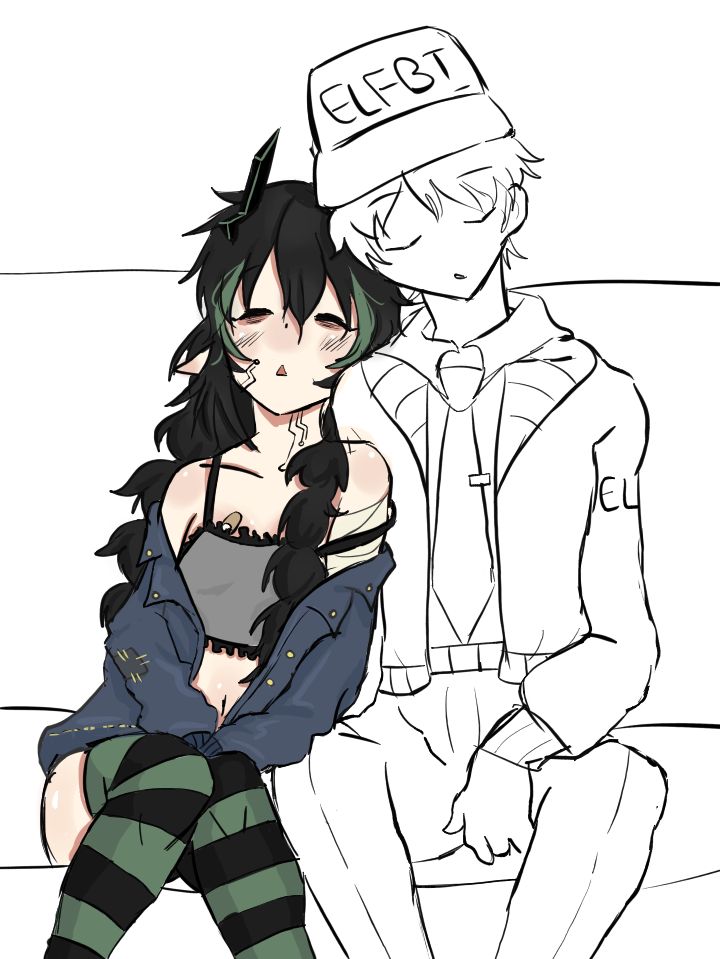 elfbi, elfinpsyop, indie virtual youtuber, artist request, 1boy, 1girl, 2025, bandaid on chest, bare shoulders, belly, black hair, clavicles, closed eyes, green socks, hug, knees together feet apart, mechanical antennae, pointy ears, sleeping, socks, thighs, white background