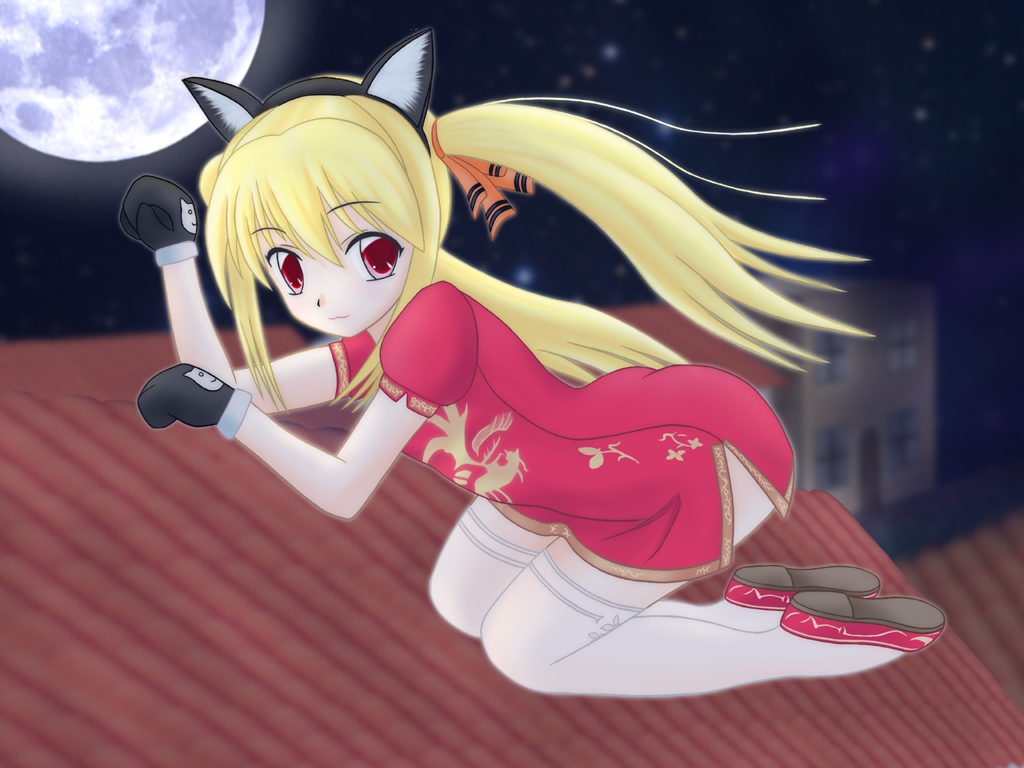 kooh (pangya), pangya, 1girl, :3, alternate hair color, animal ears, blonde hair, cat ears, china dress, chinese clothes, dress, female focus, gloves, long hair, moon, night, paw pose, red eyes, ribbon, socks, solo, thighhighs, twintails