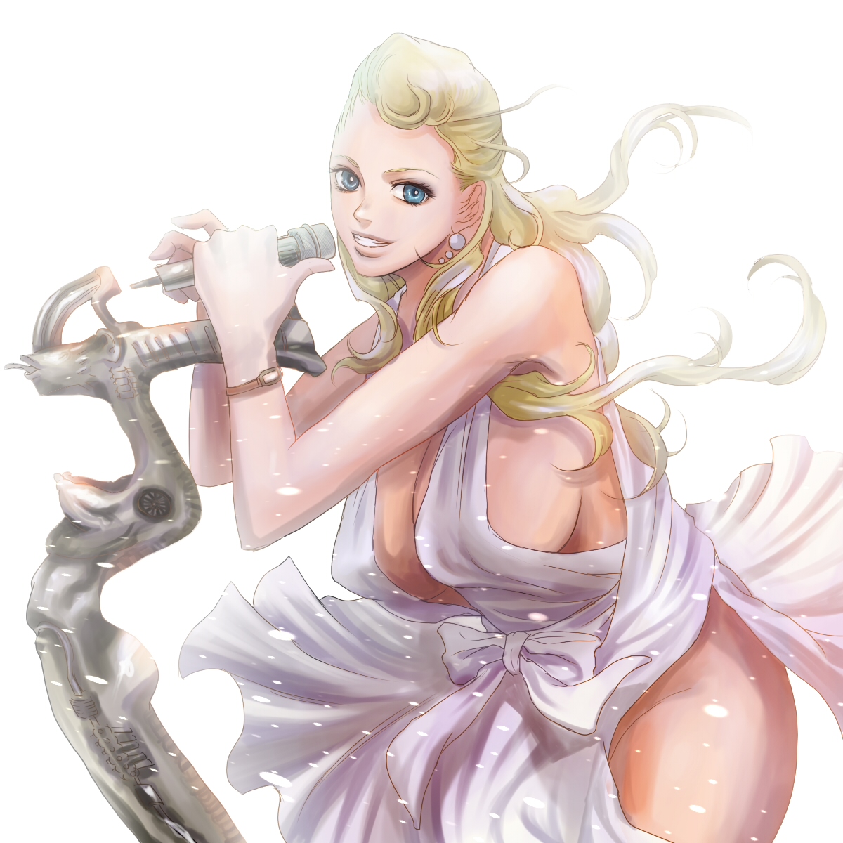homerareruto, homex, sweet ann, vocaloid, highres, 1girl, artistic error, blonde hair, blue eyes, breasts, dress, earrings, female focus, huge breasts, jewelry, microphone, microphone stand, no panties, sideboob, smile, solo, wind