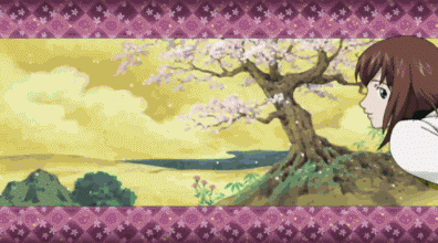 mubyou, wagaya no oinari-sama, animated, animated gif, lowres, 00s, cherry blossoms, hand puppet, hood, mask, petals, puppet, scarf, solo, tree