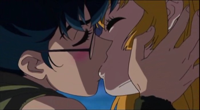 aki natsuko, kisaragi honey, cutie honey, re: cutie honey, toei company, anime screenshot, 00s, 2girls, black hair, blonde hair, blue hair, blush, closed eyes, female focus, glasses, hand on another's face, kiss, multiple girls, yuri