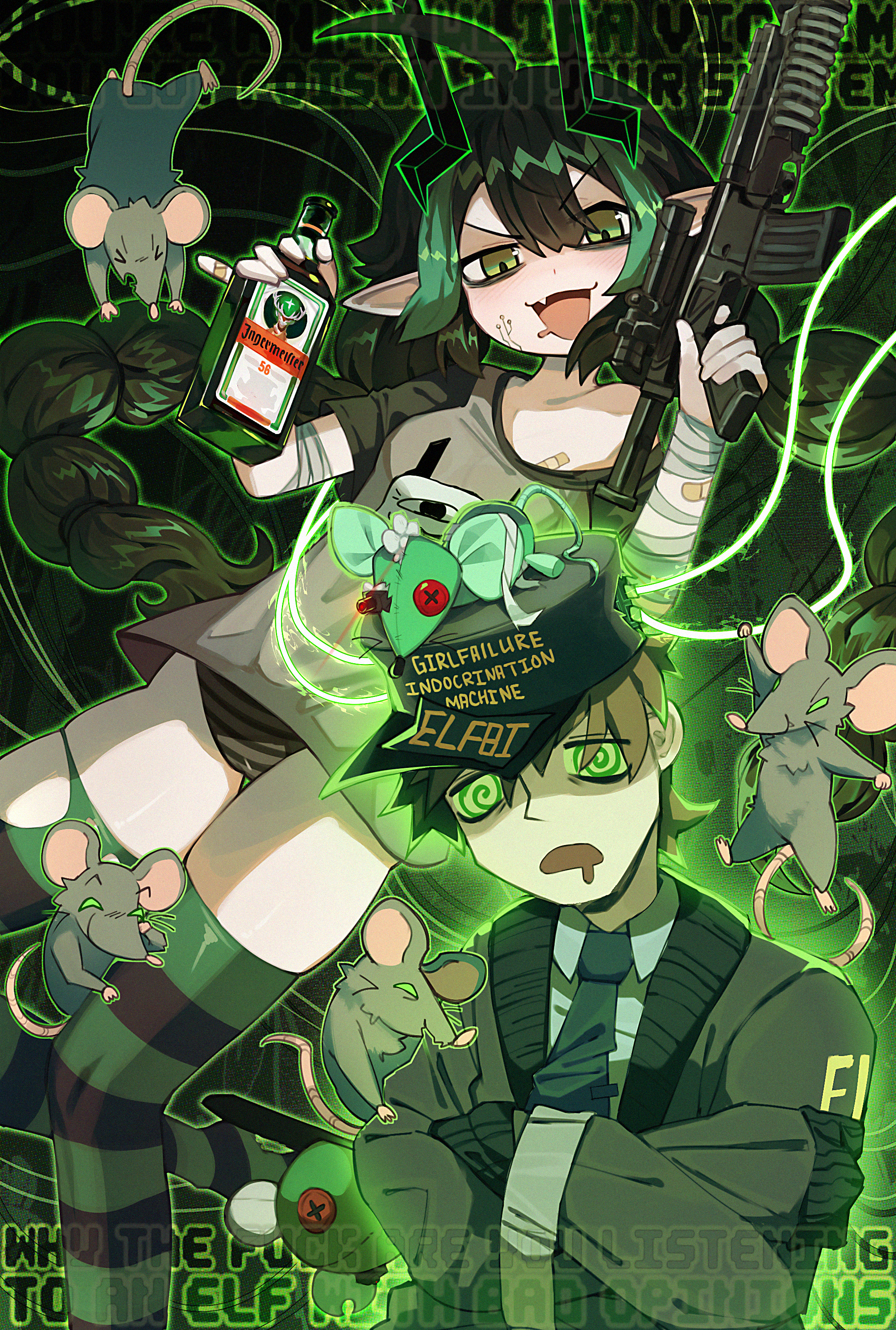 elfbi, elfinpsyop, indie virtual youtuber, tie, absurdres, artist request, highres, 1boy, 1girl, 4others, black panties, bottle, braid, cameltoe, drooling, english text, fang, green socks, gun, holding, holding bottle, holding gun, holding weapon, hypnosis, jacket, mechanical antennae, mind control, multiple others, open mouth, panties, socks, twin braids, underwear, weapon