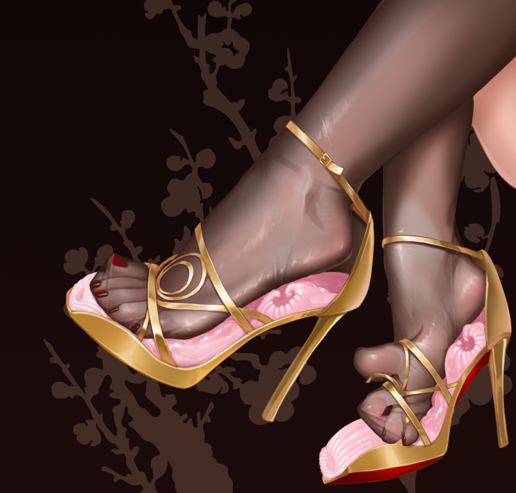 liang mu, gold footwear, yellow footwear, 1girl, black background, close-up, feet, fine fabric emphasis, foot focus, greek toe, high heels, nail polish, pantyhose, red nails, sandals, see-through clothes, see-through legwear, shiny clothes, soles, solo, stiletto heels, strappy heels, toenail polish, toenails, toes