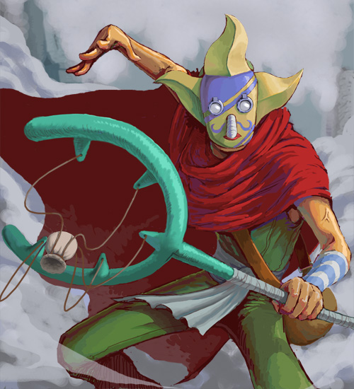 zugan (berugkamp), sogeking, usopp, one piece, sniper, 1boy, armband, bag, bandages, cape, dust, fighting, fighting stance, fog, goggles, grey background, male focus, marksman, mask, overalls, pirate, pouch, red cape, sash, slingshot (weapon), smoke, solo
