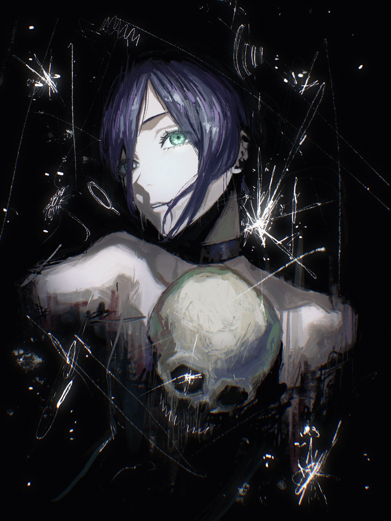 kota 2kx, reze (chainsaw man), chainsaw man, highres, 1girl, black background, black choker, black hair, choker, green eyes, grenade pin, looking at viewer, parted lips, skull, solo
