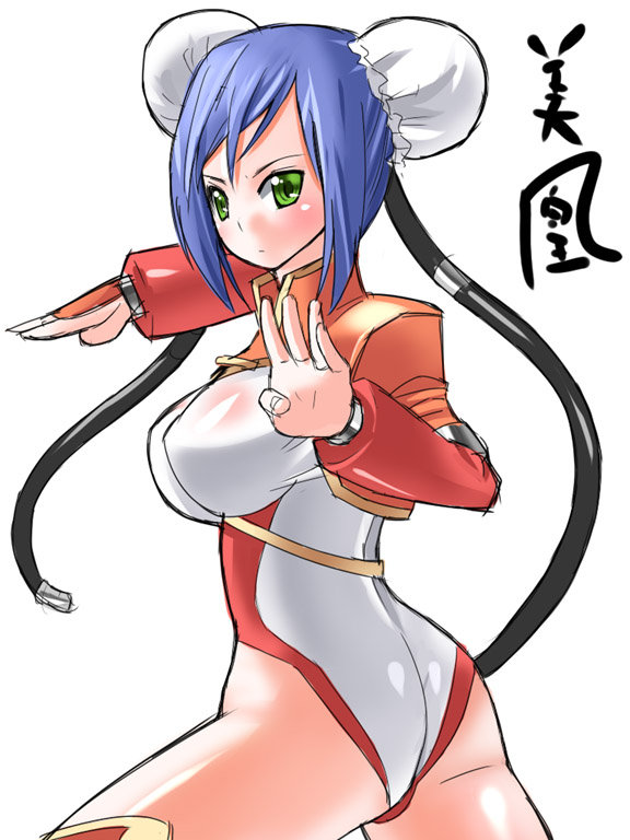 nagase haruhito, mei-fang, aq interactive, arcana heart, atlus, examu, 1girl, android, ass, blue hair, breasts, bun cover, covered erect nipples, double bun, female focus, fighting stance, green eyes, hair bun, large breasts, orange shrug, shrug (clothing), solo, thighs, twintails
