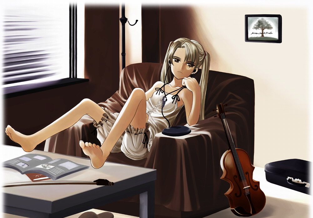 triela, gunslinger girl, 00s, 1girl, bare shoulders, barefoot, blonde hair, bloomers, bow (music), brown eyes, camisole, cd player, cd walkman, chair, dark-skinned female, dark skin, earbuds, earphones, feet, female focus, head rest, indoors, instrument, instrument case, long hair, looking at viewer, sitting, soles, solo, table, toes, twintails, underwear, violin, white bloomers