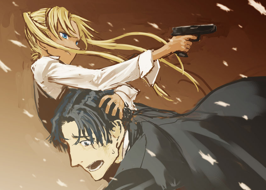 honjou raita, triela, victor hillshire, gunslinger girl, 00s, 1boy, 1girl, aiming, blonde hair, blue eyes, dark-skinned female, dark skin, finger on trigger, gun, hand on another's head, handgun, pistol, twintails, vest, waistcoat, weapon
