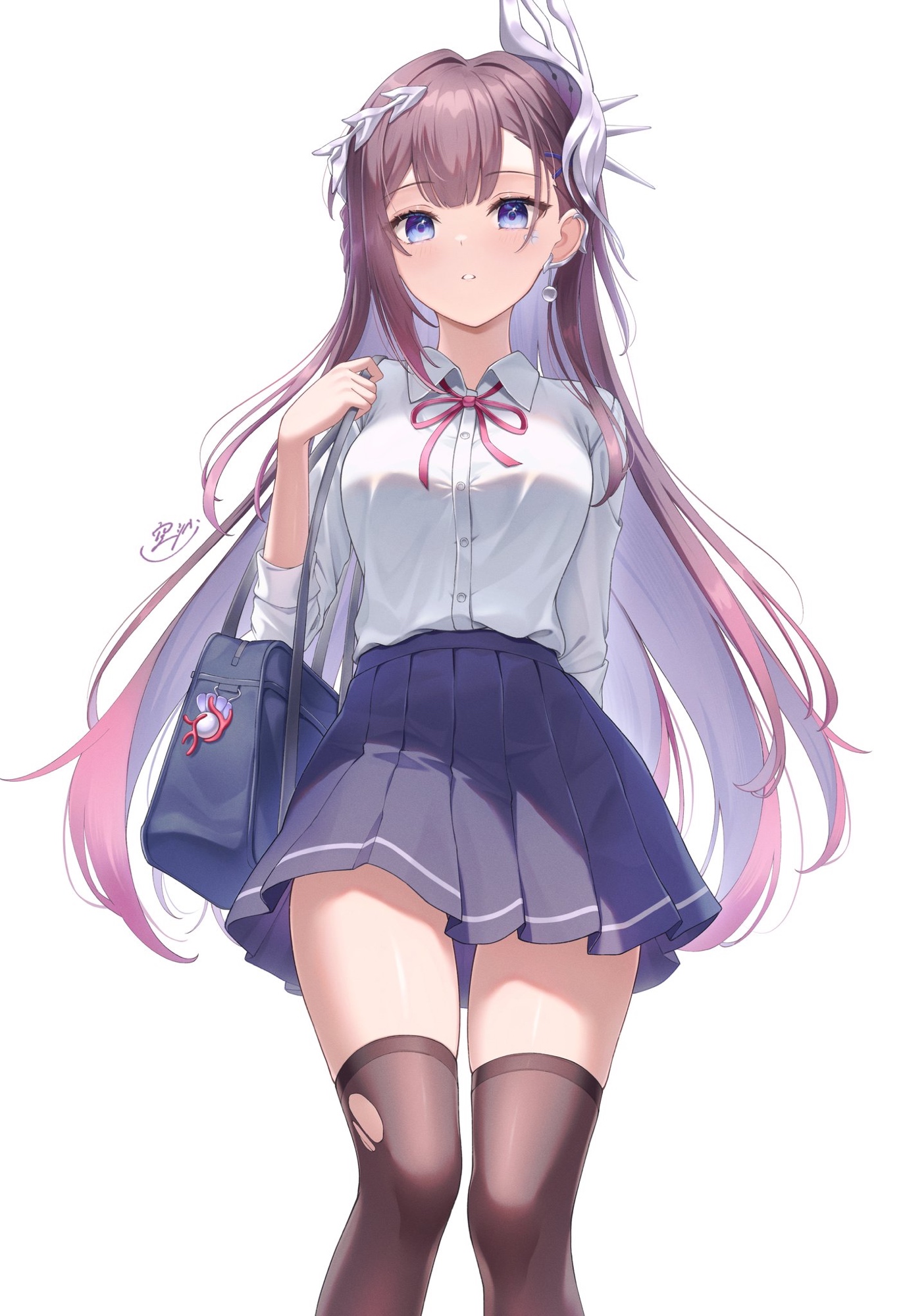 solasuna, hysilens (honkai: star rail), honkai: star rail, honkai (series), highres, 1girl, alternate costume, bag, black thighhighs, blue skirt, collared shirt, long hair, looking ahead, multicolored hair, neck ribbon, parted lips, ribbon, school bag, school uniform, shirt, shirt tucked in, signature, simple background, skirt, sleeves rolled up, solo, standing, thighhighs, torn clothes, torn thighhighs, white background, white shirt, zettai ryouiki